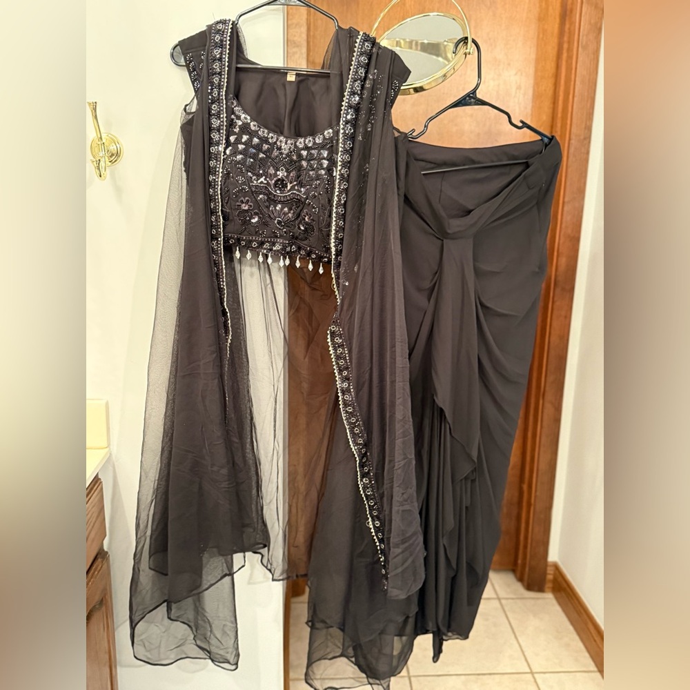 Black Embroidered Crop Top & Skirt Set with Shrug